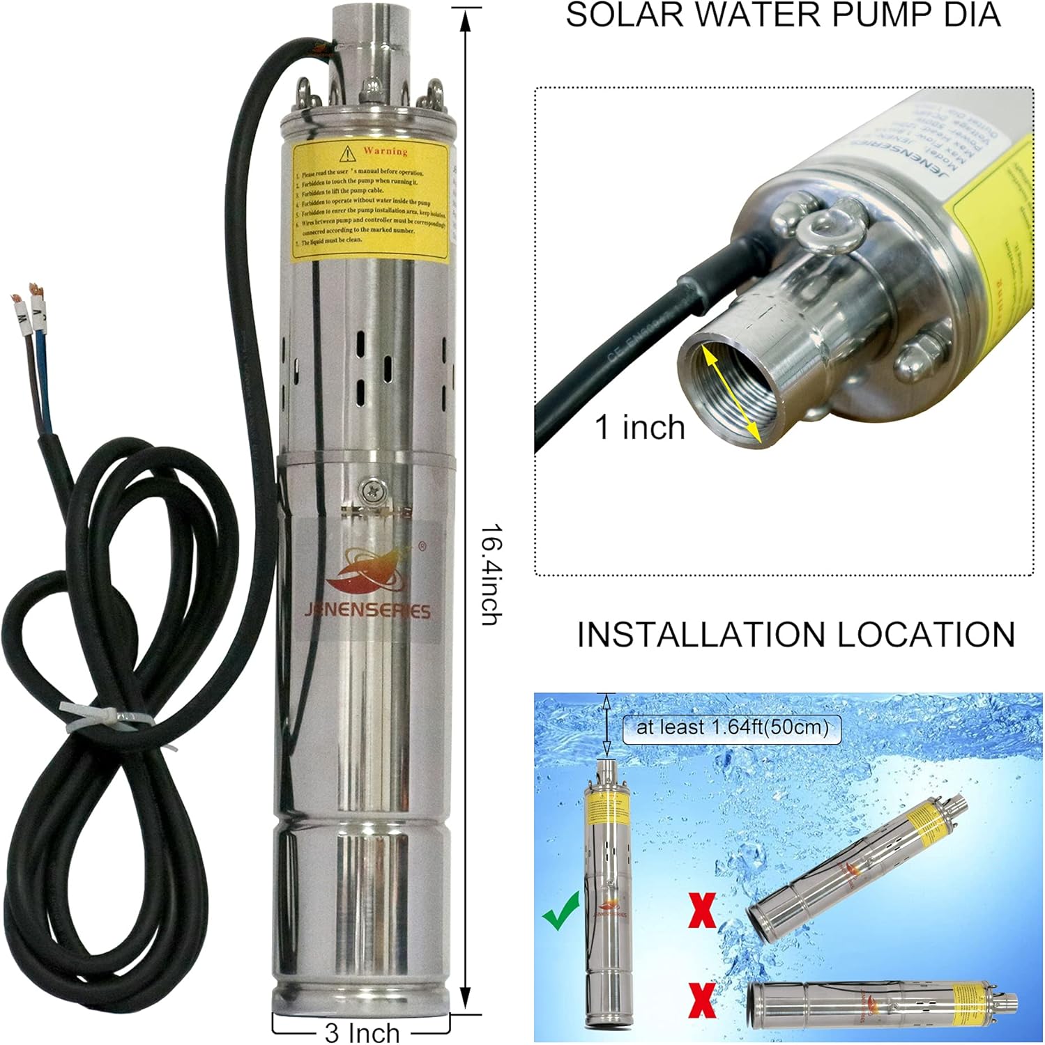 Pump 500W DC 48V Solar Water Pumps, Max head 393ft,7.9GPM Flow，3 inch Solar deep well submersible Pumps with MPPT controller float switch kits for home or farm
