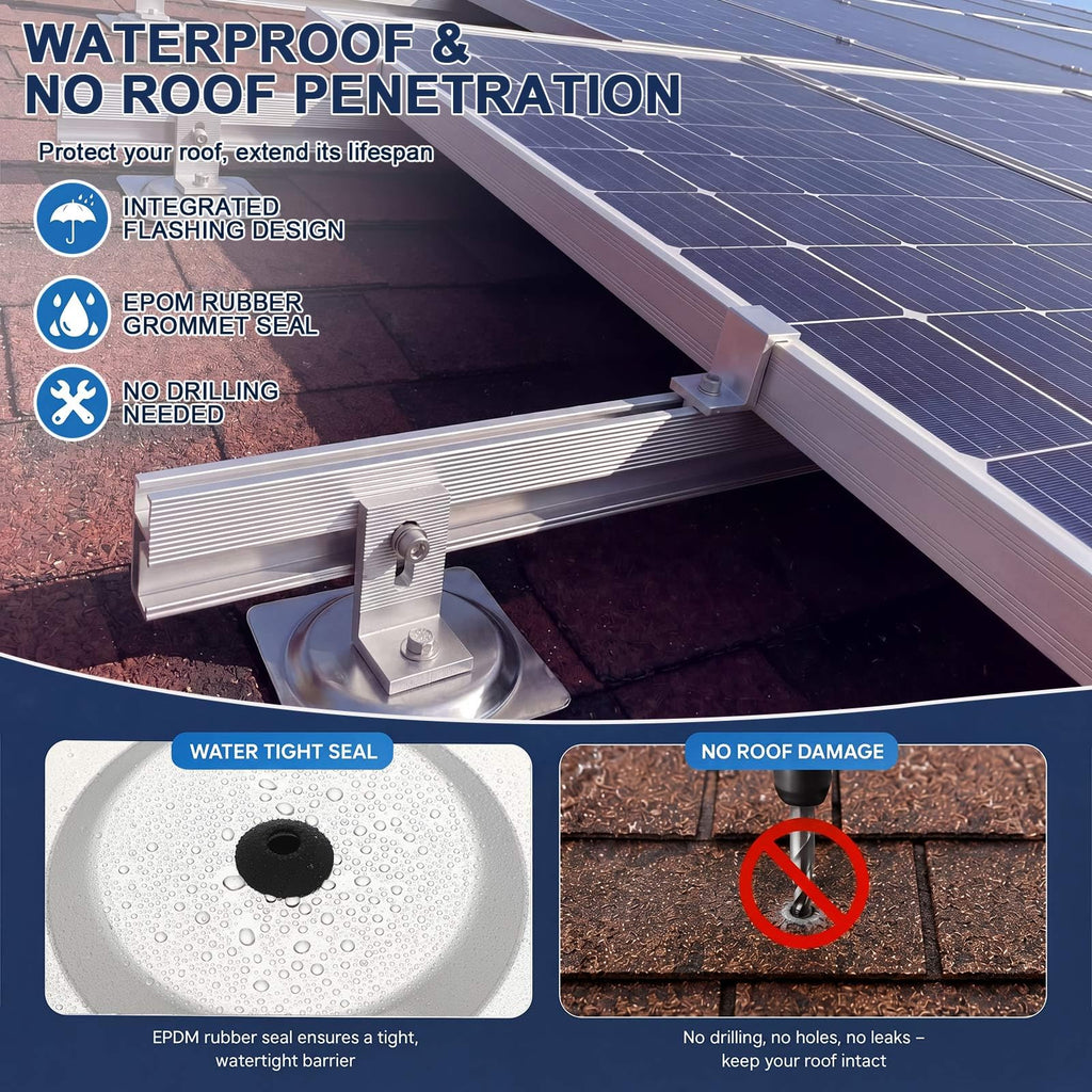 Otoolling 8 Pack L Foot Solar Rack Mount with Integrated Flashing, No Penetration EPDM Waterproof Gasket, 500 lb Load, Aluminum L Bracket for Asphalt Shingle Pitched Roof PV Rail Racking System