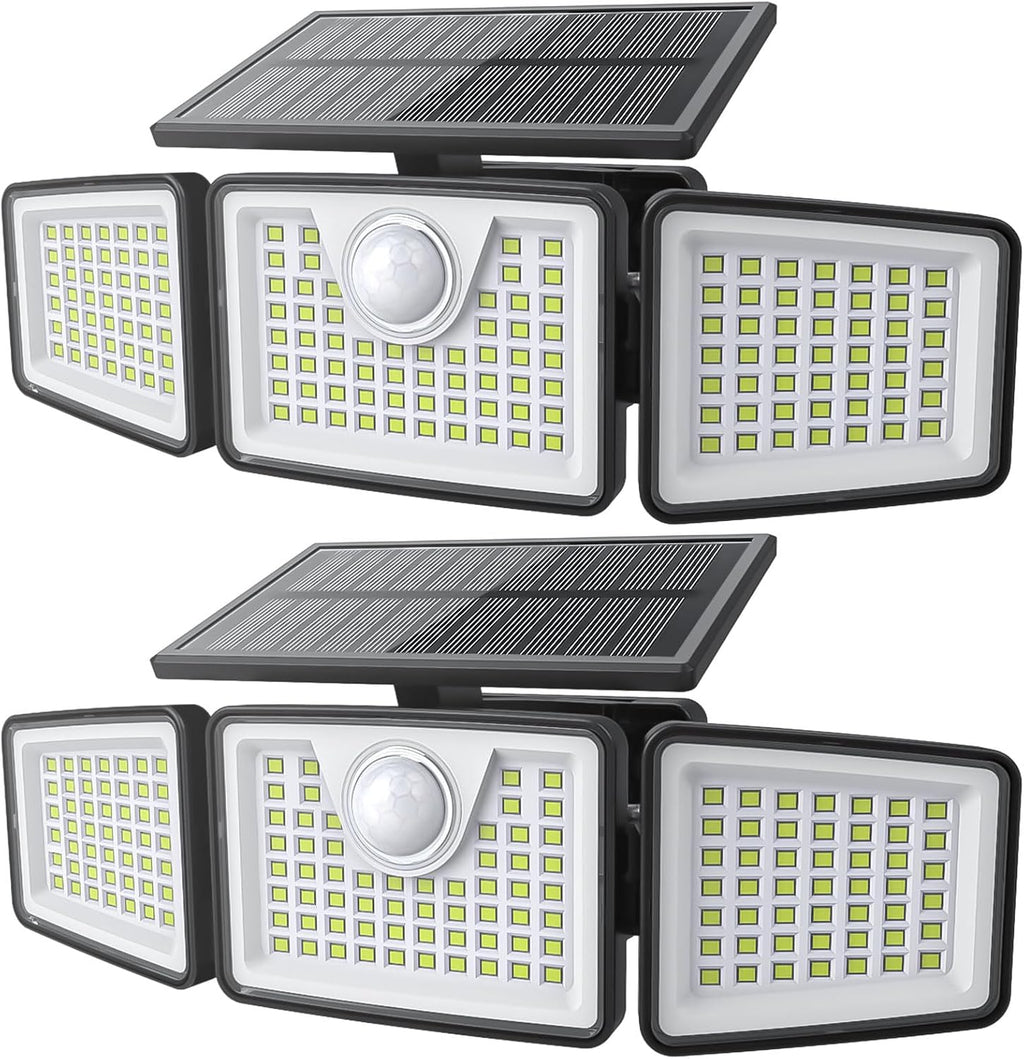 daphino 2500LM Solar Lights Outdoor with Motion Sensor,3 Head 270° Wide Angle Street Area Lights, IP65 Waterproof Security Lighting with 3 Modes(Non-Remote,2 Pcs)