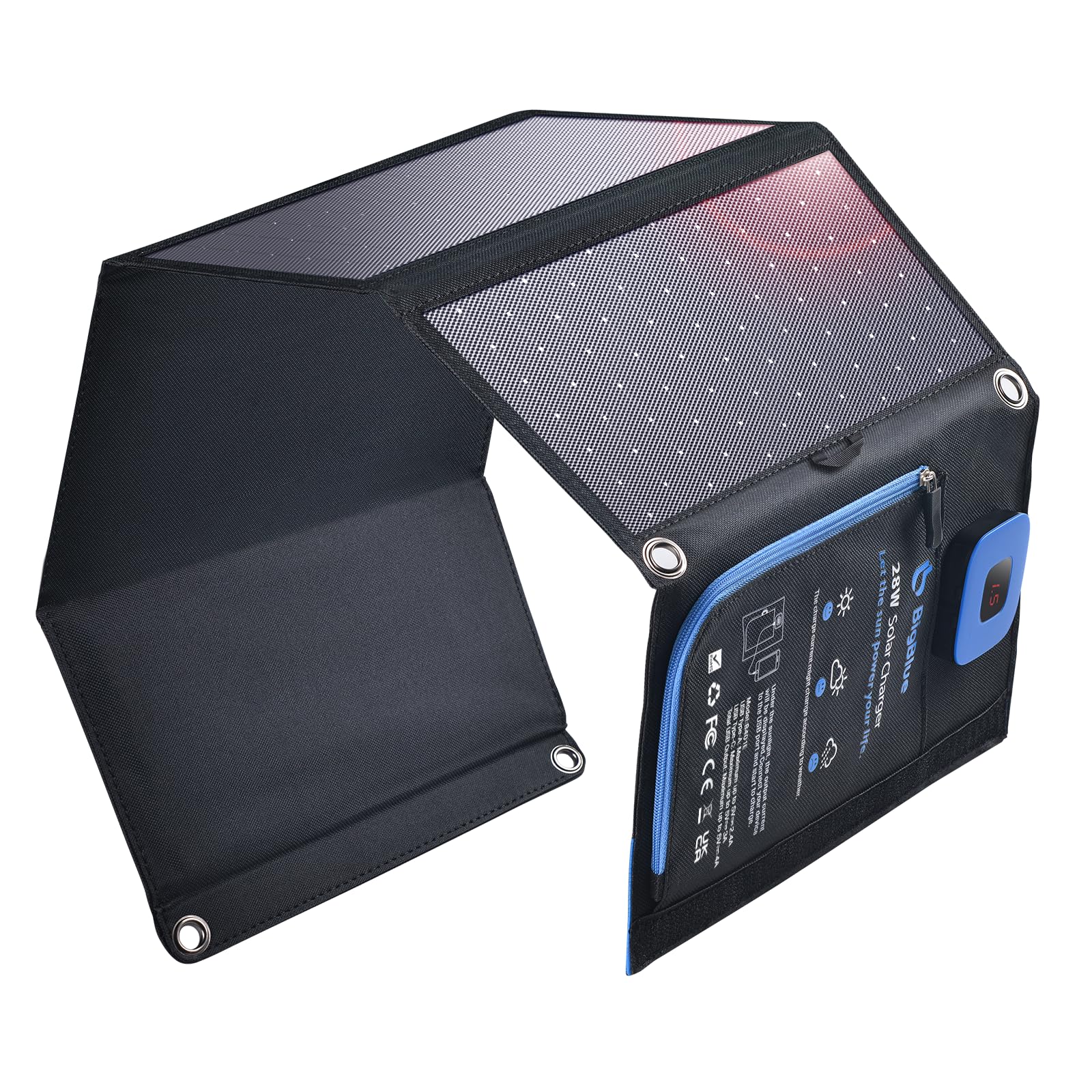 BigBlue Portable Solar Charger 28W with Digital Ammeter,25.4% High-Efficiency, USB-A/USB-C Ports, Folding Waterproof Solar Panels with Carabiners for Camping, Backpacking, Phones, Tablets, Power Bank