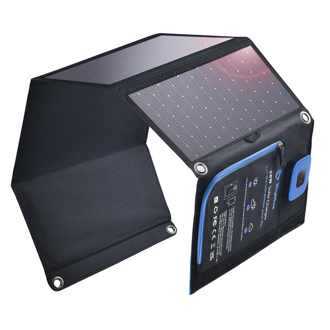 BigBlue Portable Solar Charger 28W with Digital Ammeter,25.4% High-Efficiency, USB-A/USB-C Ports, Folding Waterproof Solar Panels with Carabiners for Camping, Backpacking, Phones, Tablets, Power Bank Hover Image
