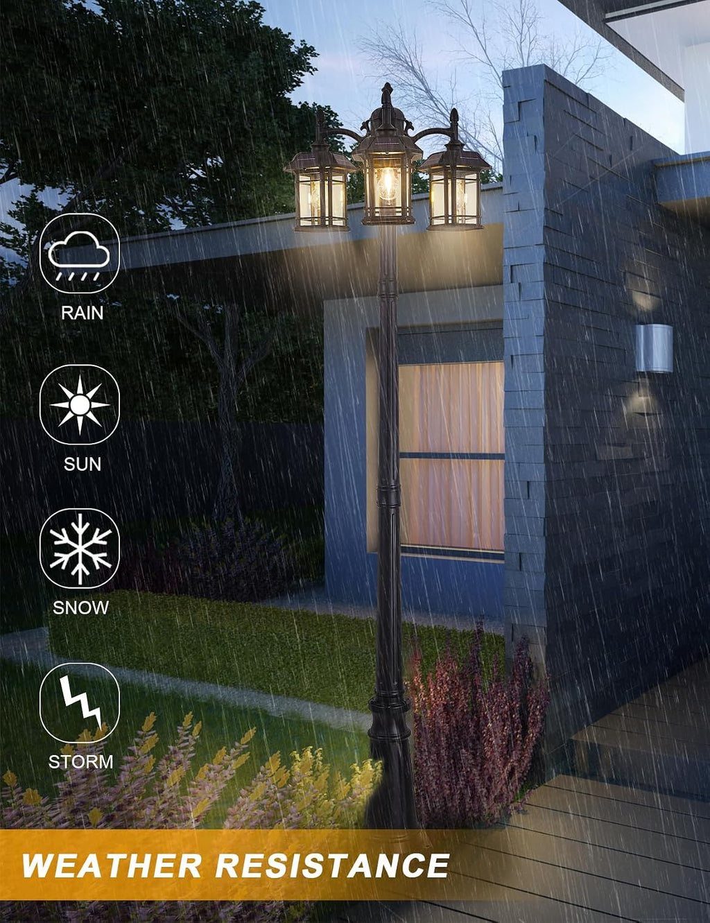 Solar Powered Outdoor Post Light 82.7" H 3-Headed Lamp Post with Dusk to Dawn Sensor Pole Street Lantern 3 Light Black Outdoor Lamp Post Lights E26 Outdoor Street Light for Pole Garden Yard