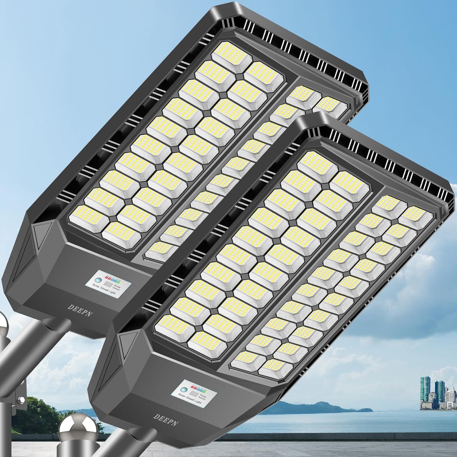 Deepn 10000W Solar Lights Outdoor, 6500K Super Bright Commercial Solar Lights with PIR Motion Sensor, Auto On/Off Dusk to Dawn IP67 Waterproof Outdoor Lighting for Yard, Driveway, Parking Lot, 2 Pack