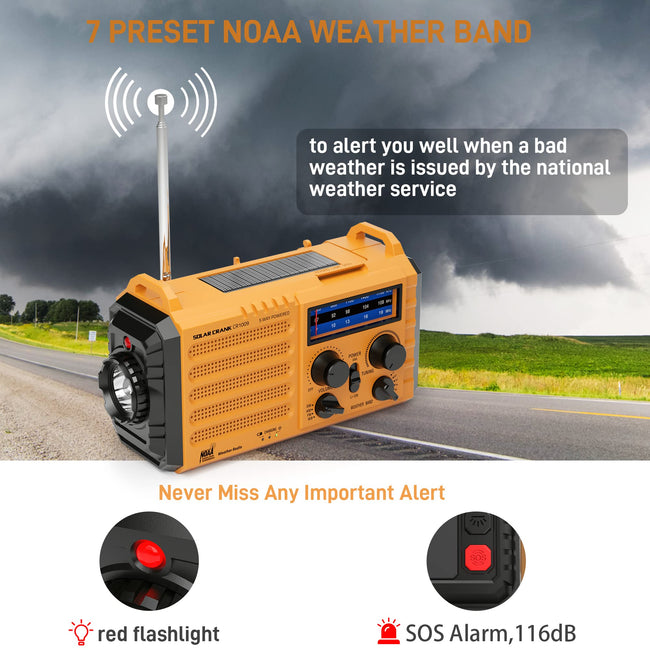 Eoxsmile Emergency Radio with NOAA Weather Alert, 5000mAh Solar Hand Crank Portable AM/FM Shortwave Radio, Rechargeable Battery Powered, USB Charger, Flashlight, SOS Alarm for Home Outdoor Survival Main Image