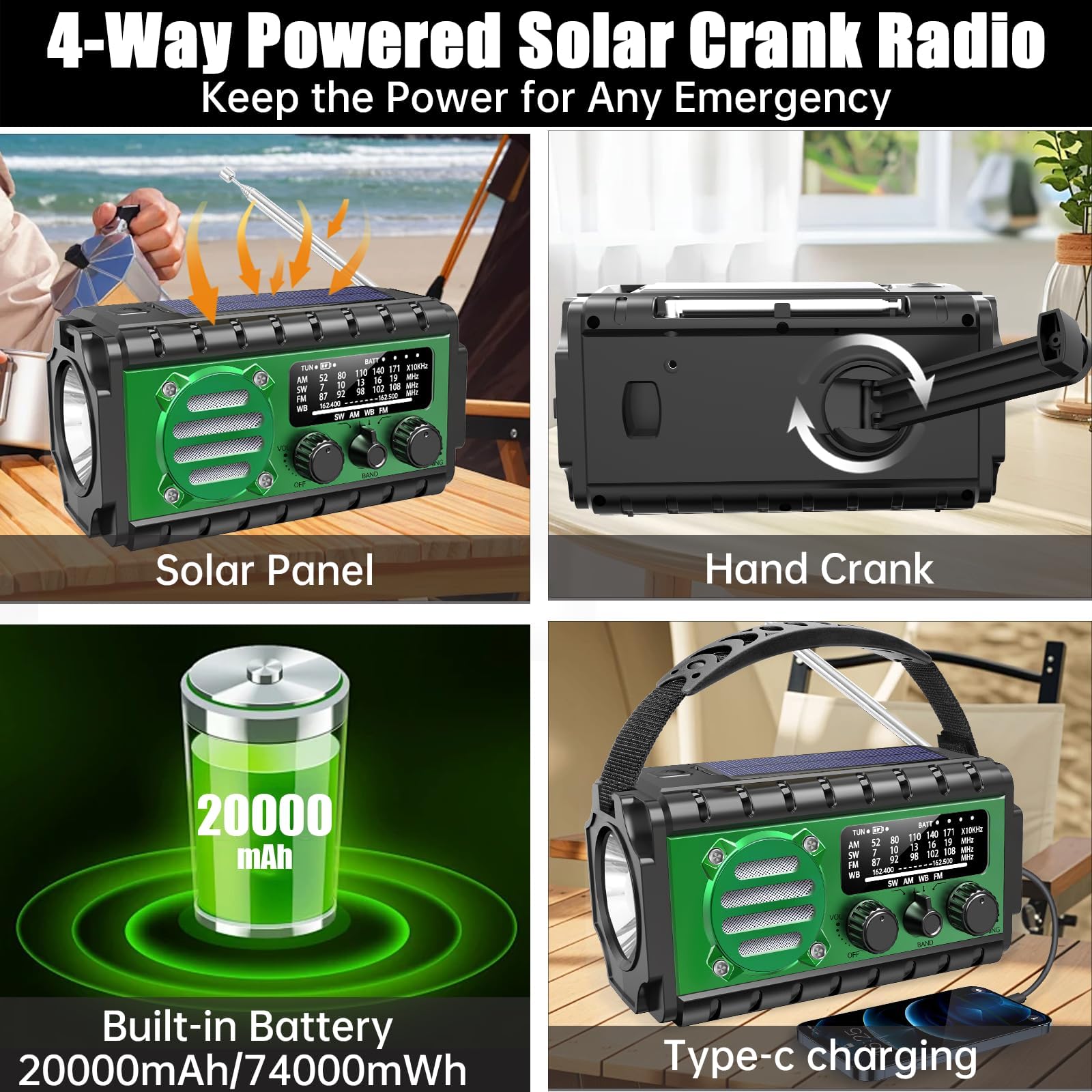 Aivica 20000mah Emergency Radio, SW/NOAA/AM/FM Weather Radio, Solar Powered Hand Crank Chager with Bige Batery Powered,Portable,Cellphone Charge,SOS,Flashlight for Emergency/Home