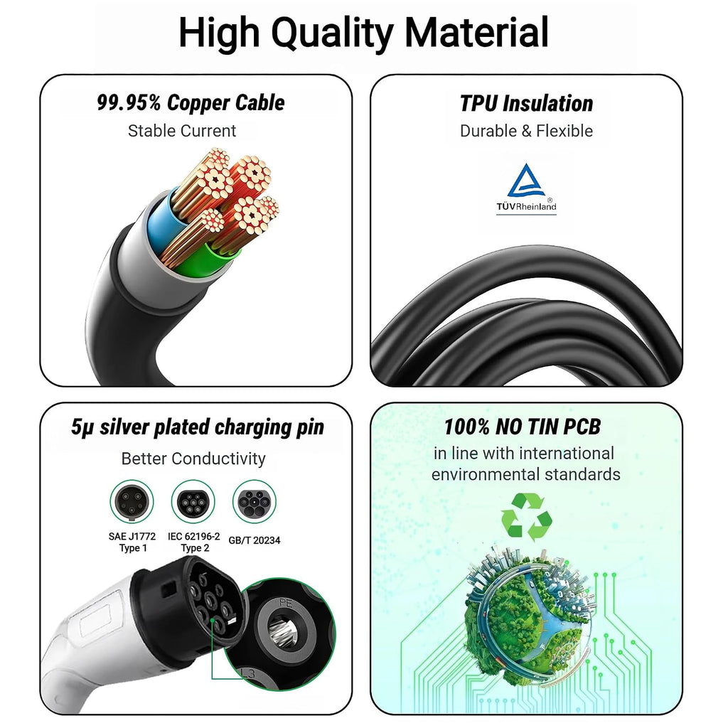 Type 2 Male to Type 1 Female EV Charging Cable, Mode 3 EV Charger for J1772 EVs, 32A 7kW Single Phase, 5m(16.4ft)