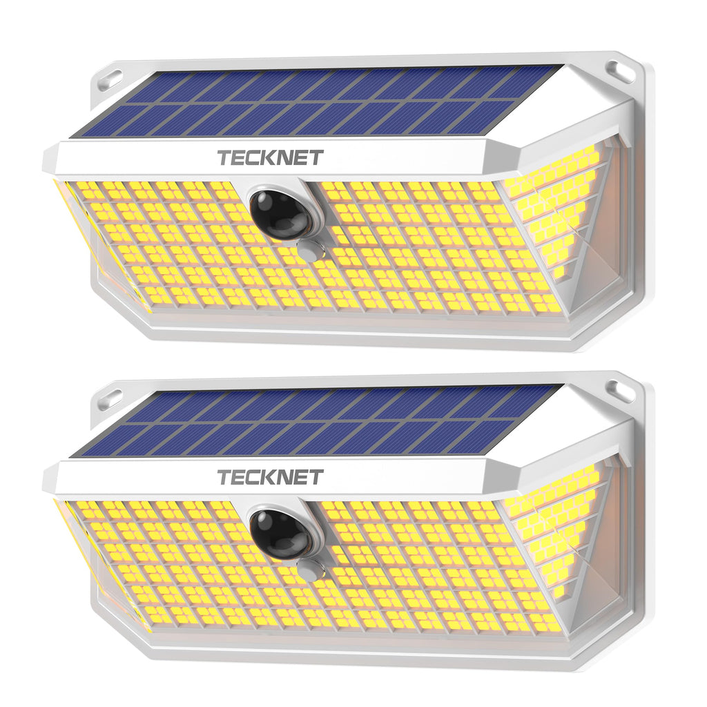 TECKNET 416 LED Solar Lights Outdoor Waterproof, 4200lm 300° Angle & 3 Lighting Modes Motion Sensor Outdoor Lights,2 Pack Solar Powered Flood Wall Lights for Home Patio Fence Yard Deck Garage Street