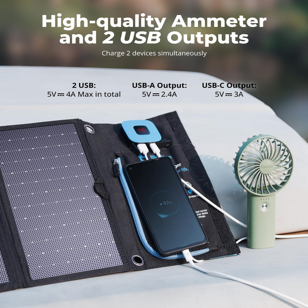 BigBlue Portable Solar Charger 28W with Digital Ammeter,25.4% High-Efficiency, USB-A/USB-C Ports, Folding Waterproof Solar Panels with Carabiners for Camping, Backpacking, Phones, Tablets, Power Bank