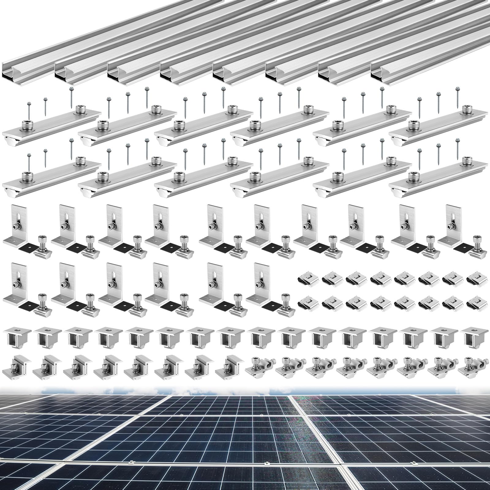 Tandefio Solar Panel Mounting Kit for 4-5 Solar Panels, Panel Kit for Shingle Roof, Adjustable with Clamps, L Shape Brackets, 88 Inch Rails(Silver)