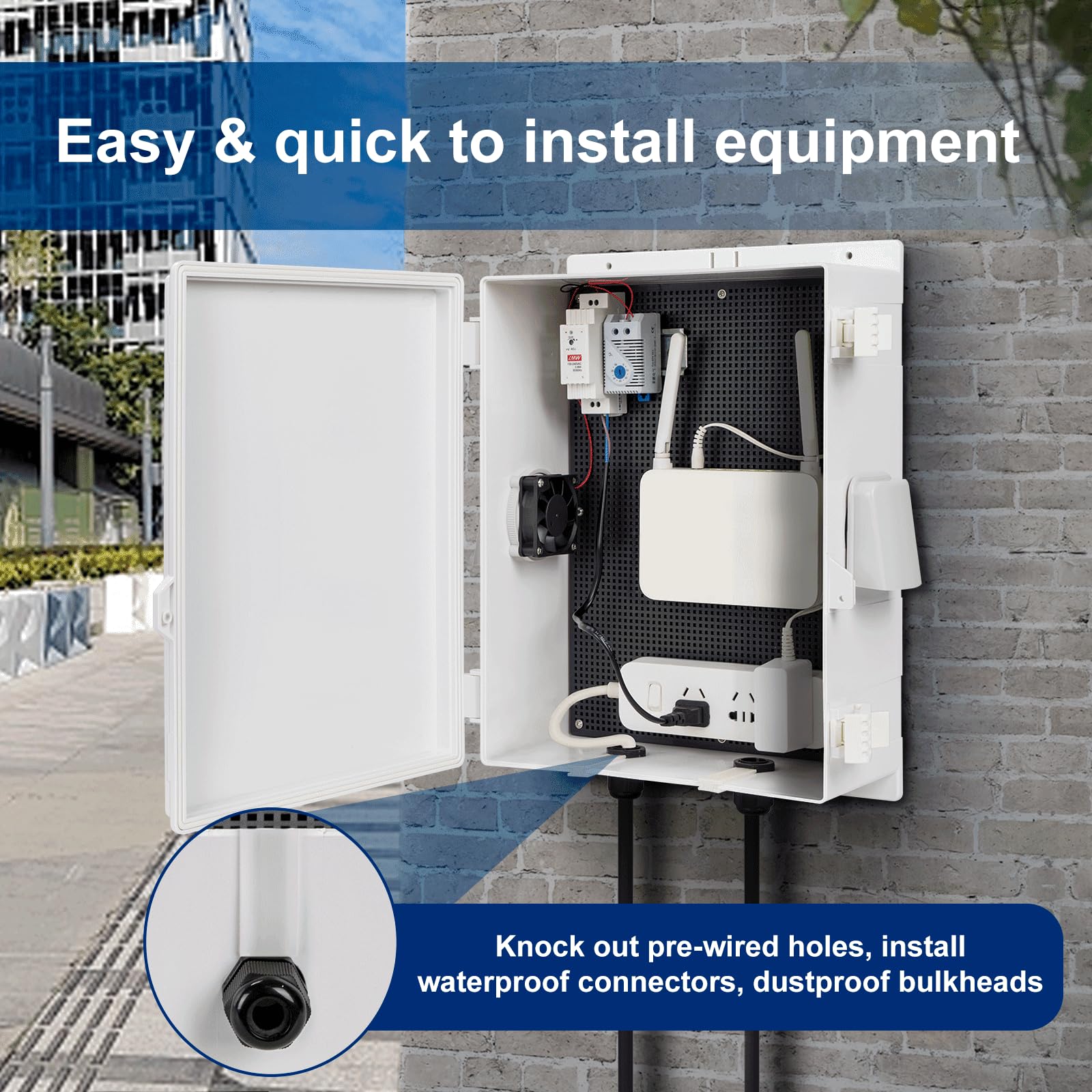 Namunanee Outdoor Electrical Box with Thermostat and Fan, ABS Water Resistant Enclosure with Internal Mounting Panel & Hinged Cover,16" H* 12" L* 5.9" W Plug & Play.