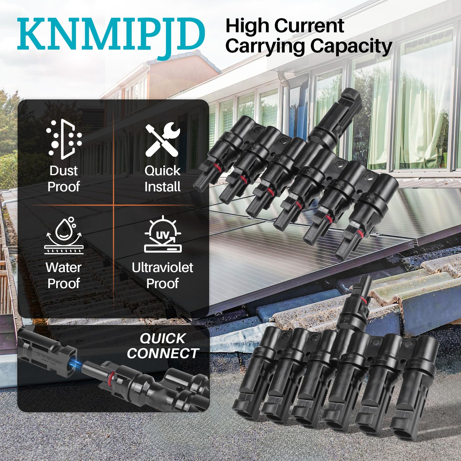 KNMIPJD Solar Panel Connector 6 to 1 T Branch Parallel Adapter, 30A 1000V 10AWG Tool-Free IP67 Waterproof Cable for Solar Panels (T Branch, 6to1(1Pairs))