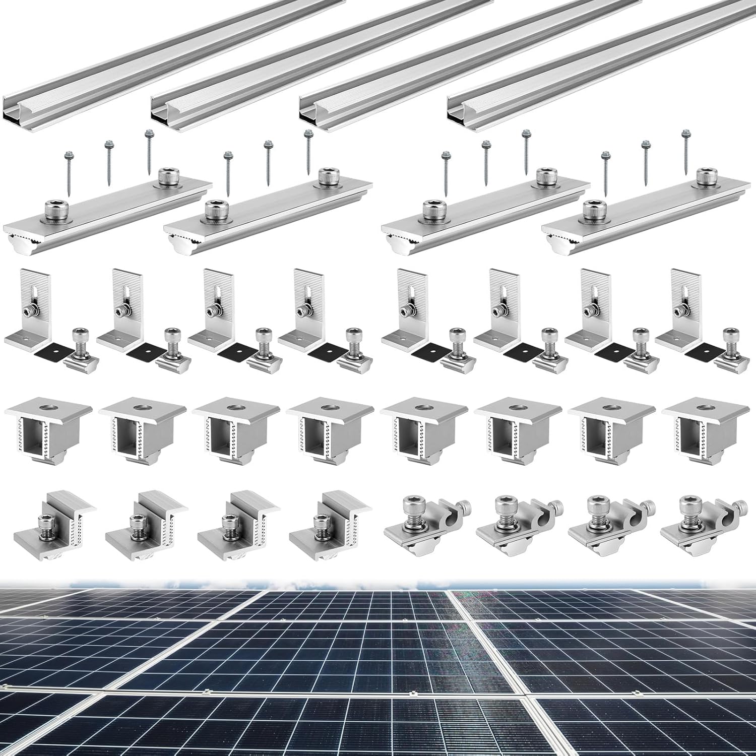 Tandefio Solar Panel Mounting Kit for 4-5 Solar Panels, Panel Kit for Shingle Roof, Adjustable with Clamps, L Shape Brackets, 88 Inch Rails(Silver)