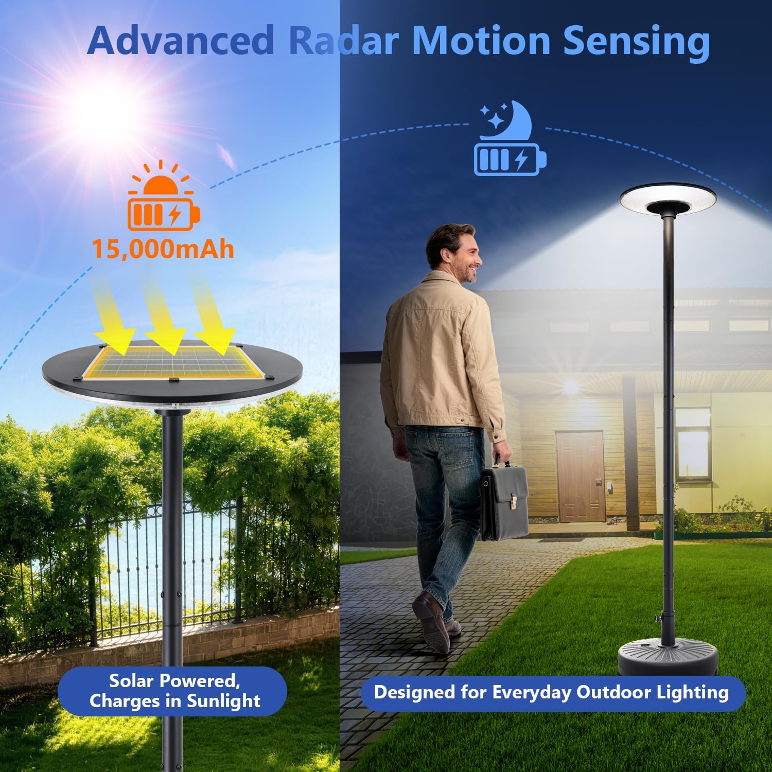 Movable Solar Street Lights Outdoor with Pole, 10000W 9999LM IP65 Waterproof Motion Sensor Lamp Posts Remote Control at 360° No Drill for Yard, Camping, Garden, Outside (86.6" Pole 216 LED)