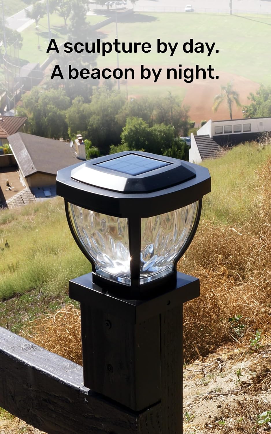 Home Zone Security Solar Post Cap Lights - Decorative Glass LED Outdoor Fits 3.5 x 3.5 in. Post Lights, Black (2-Pack)