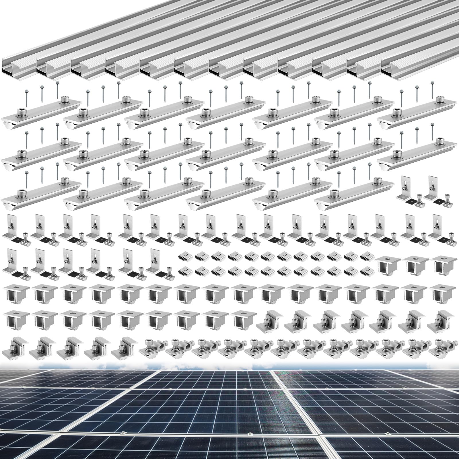 Tandefio Solar Panel Mounting Kit for 4-5 Solar Panels, Panel Kit for Shingle Roof, Adjustable with Clamps, L Shape Brackets, 88 Inch Rails(Silver)
