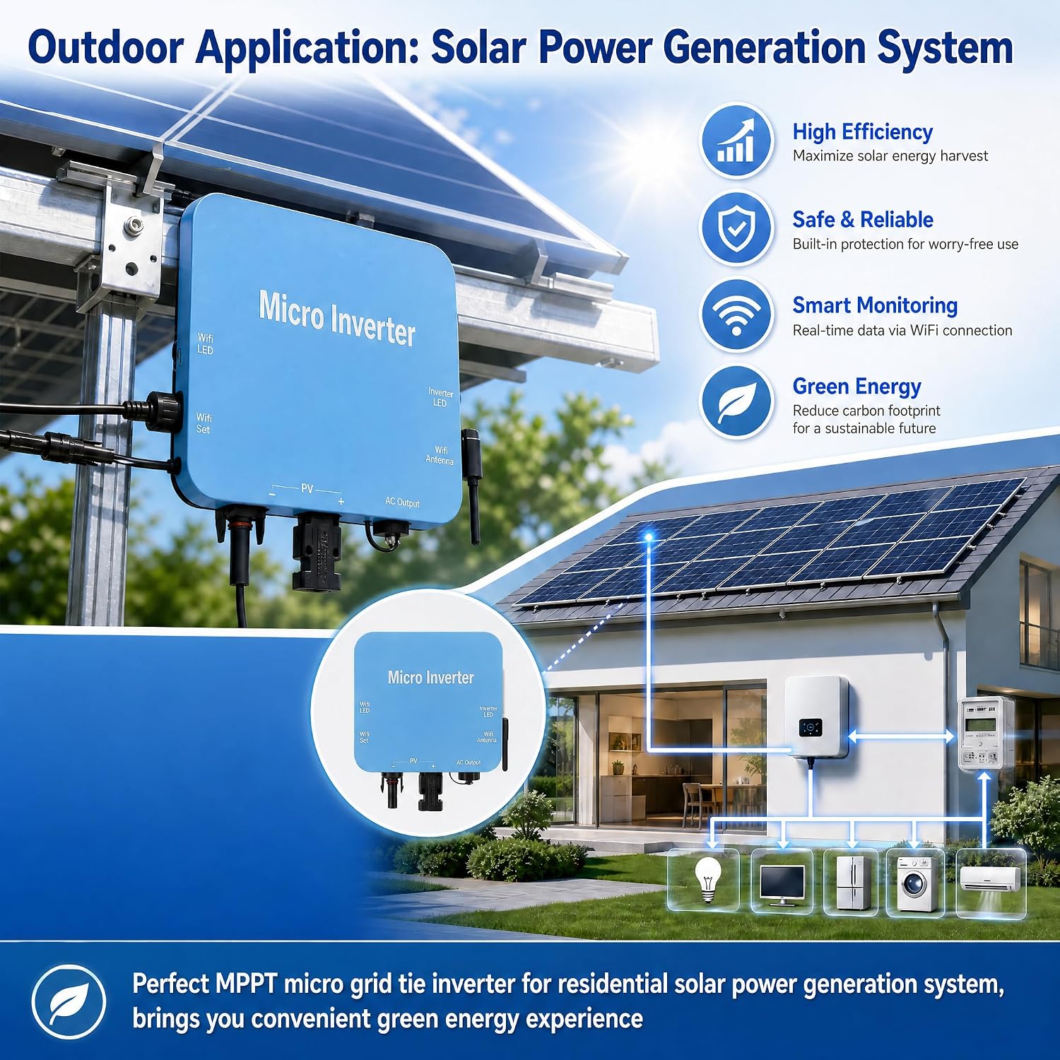 500W Micro Inverter Grid Tie, Solar Grid Tie Inverter with MPPT, IP65 Weatherproof Aluminum Alloy Micro Inverter for Home Power Station and School, Plug-in Solar Micro Inverter
