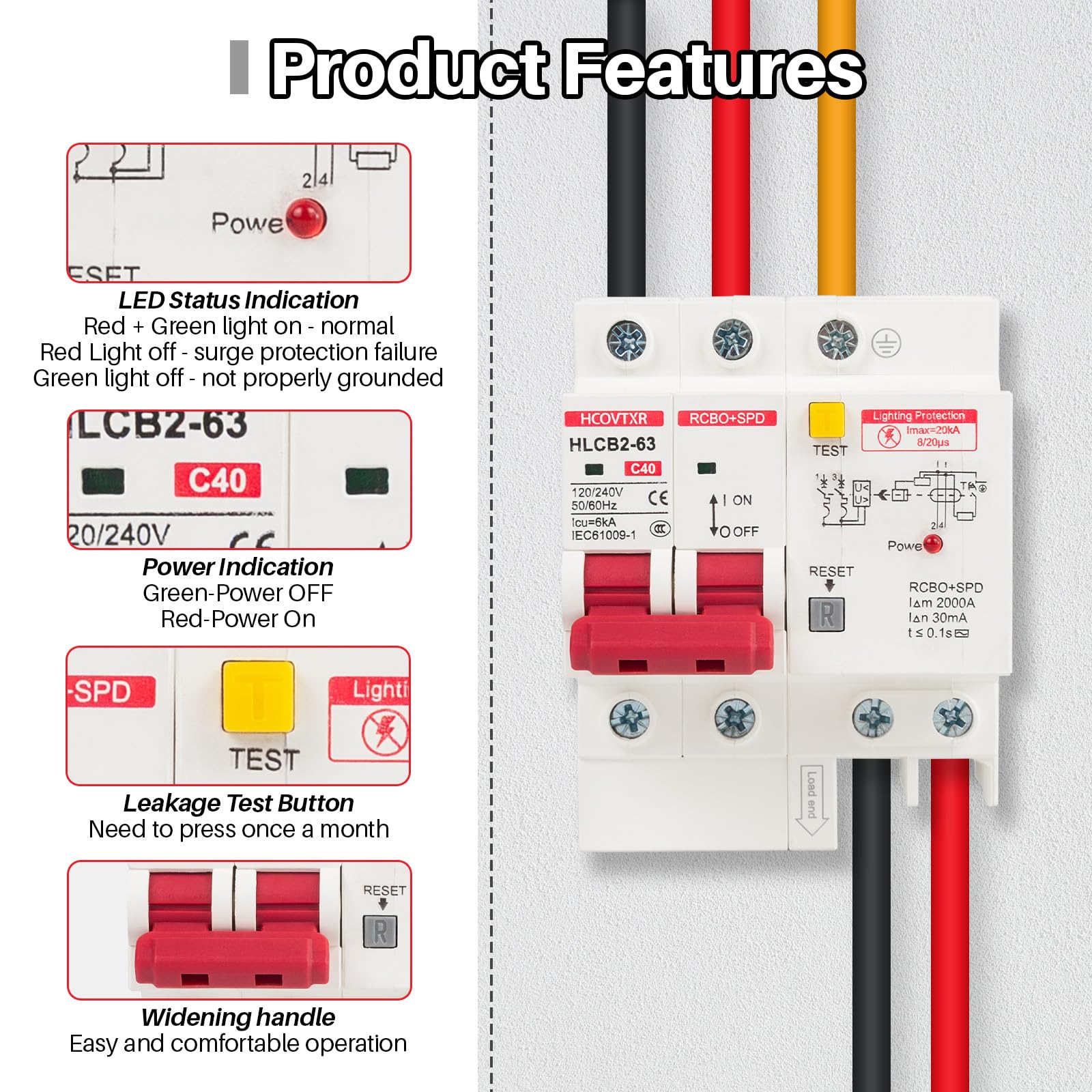 HCOVTXR 120V-240V Circuit Breaker with Leakage Protection,40 Amp RCBO and Surge Protector Breaker,DIN Rail Mount Ground Fault Circuit Breaker for Residential Industrial Outdoor