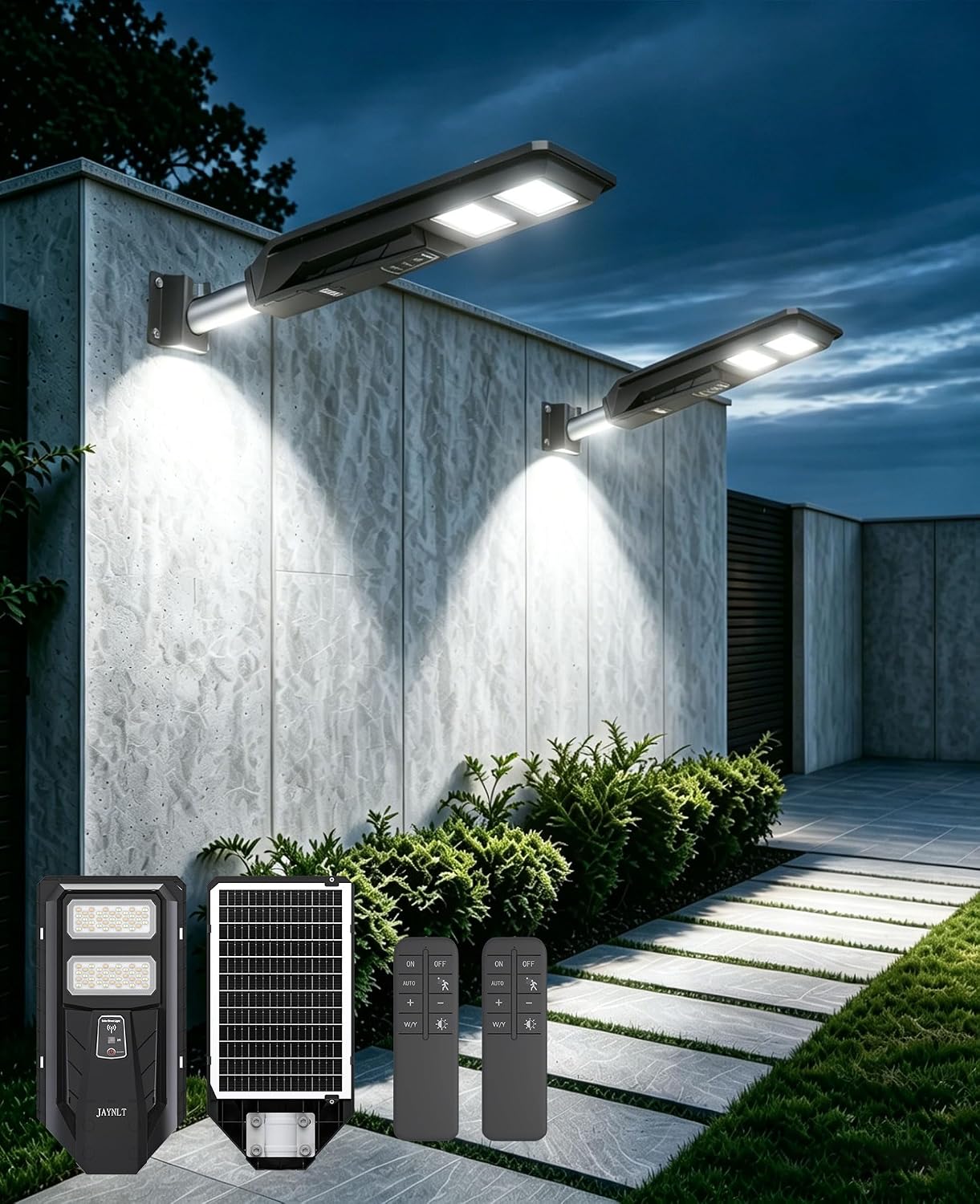 JAYNLT Outdoor Solar Street Light, 3000K/4000K/6500K Dusk to Dawn Solar Flood Light with Motion Sensor, IP67 Waterproof Super Bright LED Outdoor Lighting for Yard, Garage and Other Area Lighting-2pack