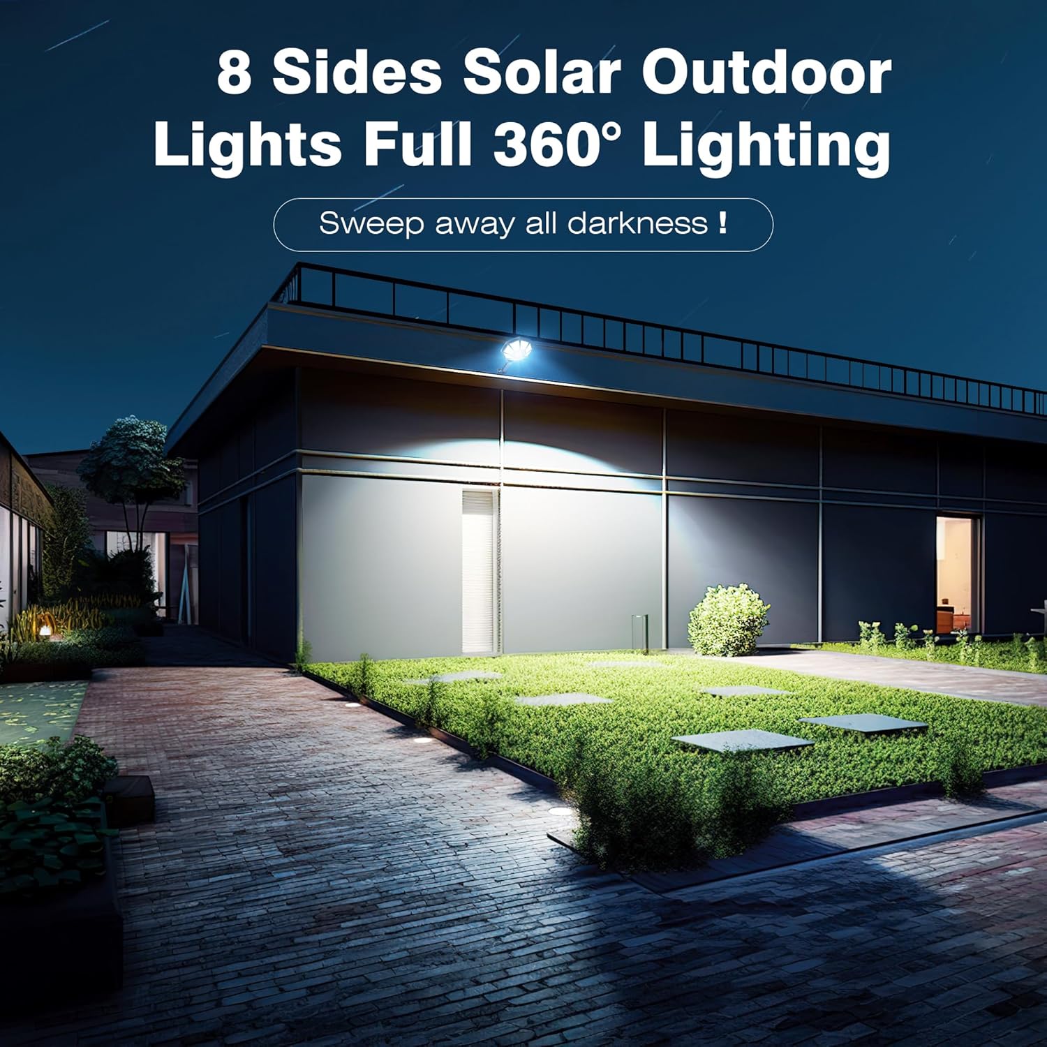 OKPRO Solar Lights Outdoor, 168LED 6500K Flood Light Dusk to Dawn, 8 Sides Solar Outdoor Lights with Motion Sensor, IP66 Waterproof Solar Street Lights Outdoor for Yard, Pools(4 Pack)
