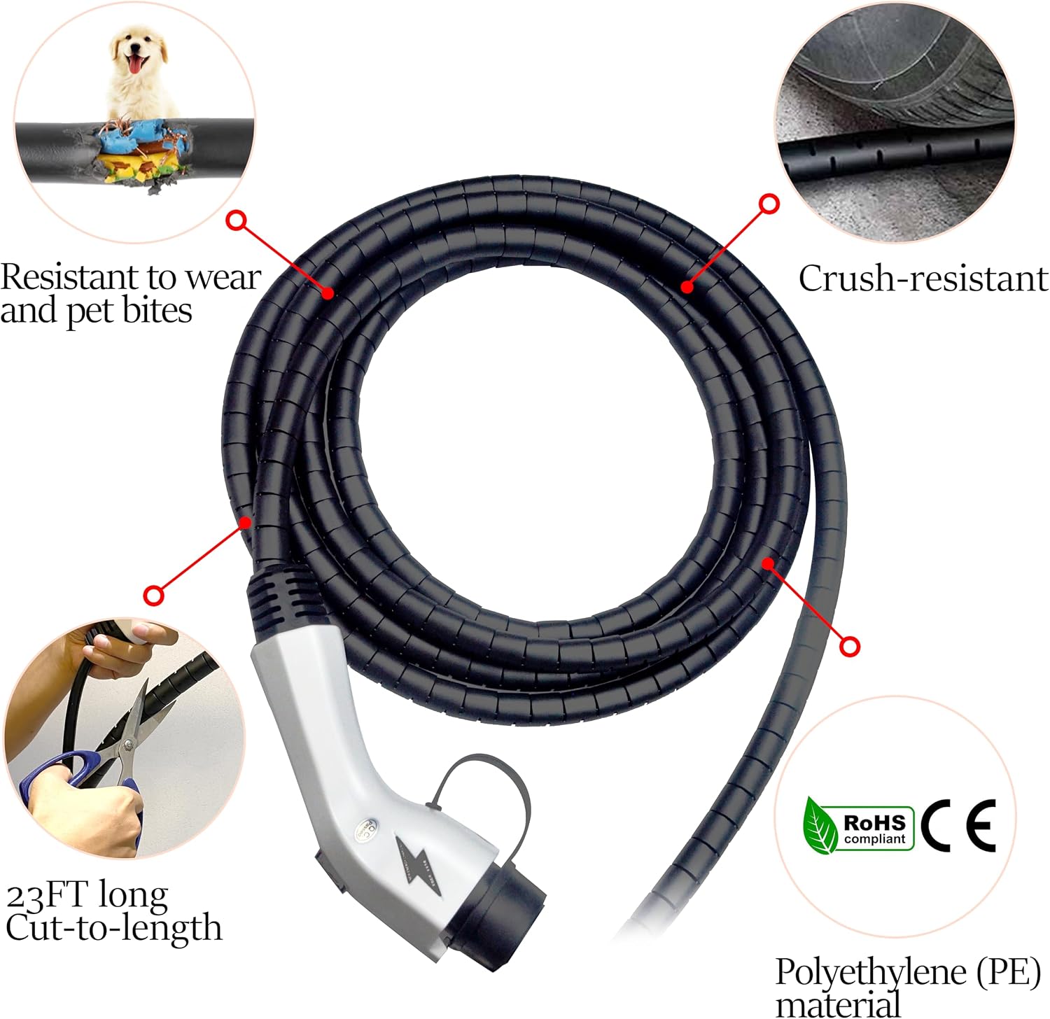 EV Charger Cable Protector, 23FT Electric Car Charger Cable Sleeve,Wear/UV-Proof,EV Charger Cord Protector Flexible/Pet Resistant/Prevents Tread & Door Squeeze