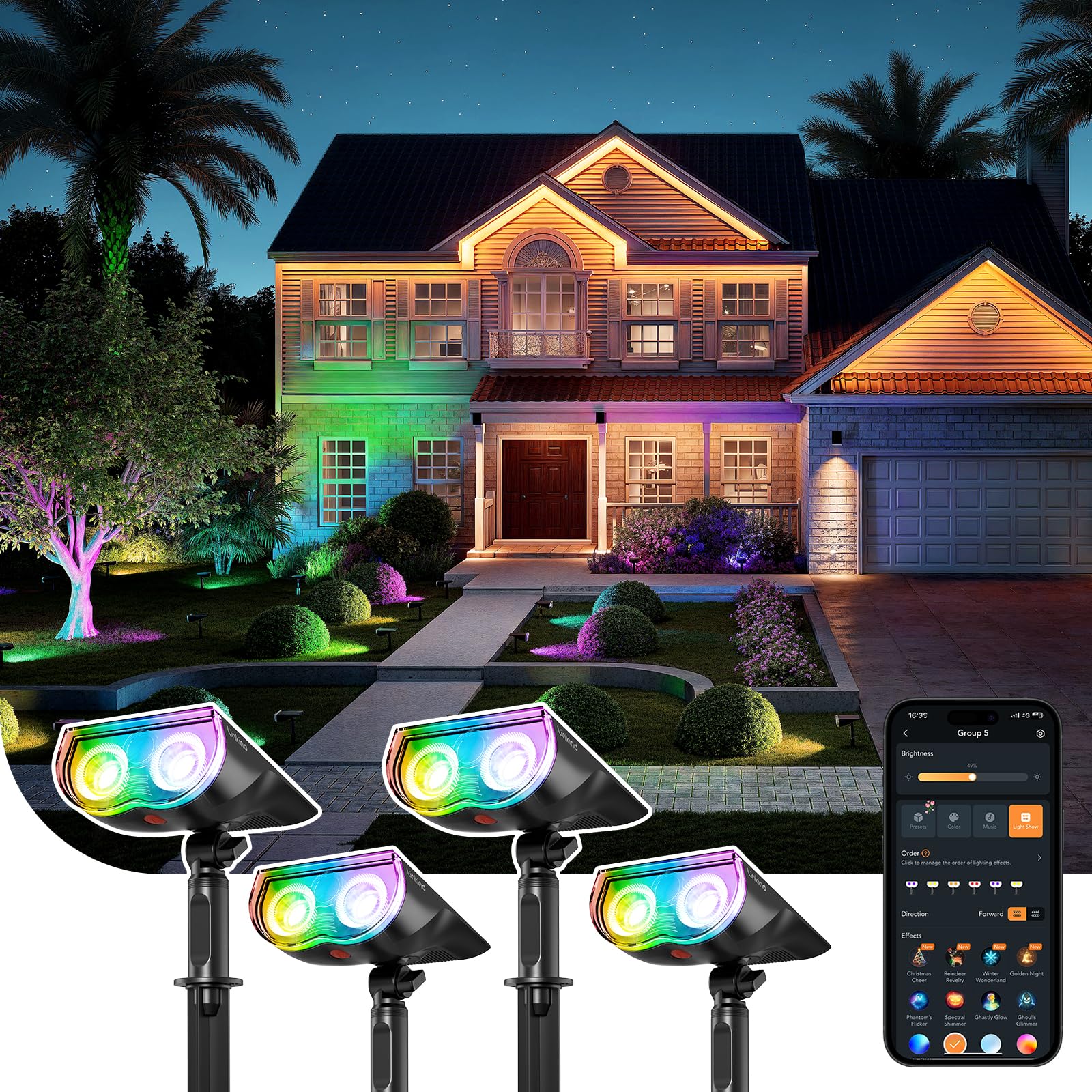 Linkind Smart Solar Spot Lights Outdoor SL5C, Solar Lights Outdoor Spotlight Cool/Warm White/Color Changing, APP/Voice Control IP67 Landscape Lighting for Yard, Garden, Pathway(2 Pack)