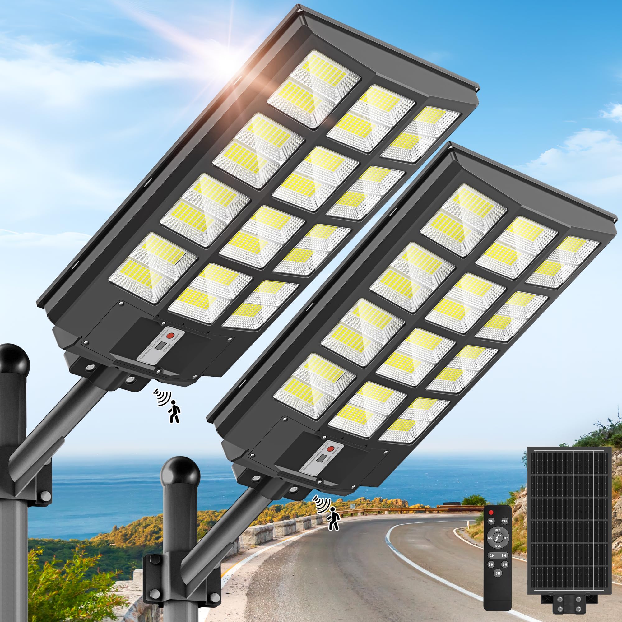 OKPRO 10000W Solar Street Lights Outdoor, IP66 Waterproof Solar Lights Outdoor with Motion Sensor & Remote, Dusk to Dawn Commercial Security Lighting for Parking Lot, Yard, Farm, Driveway