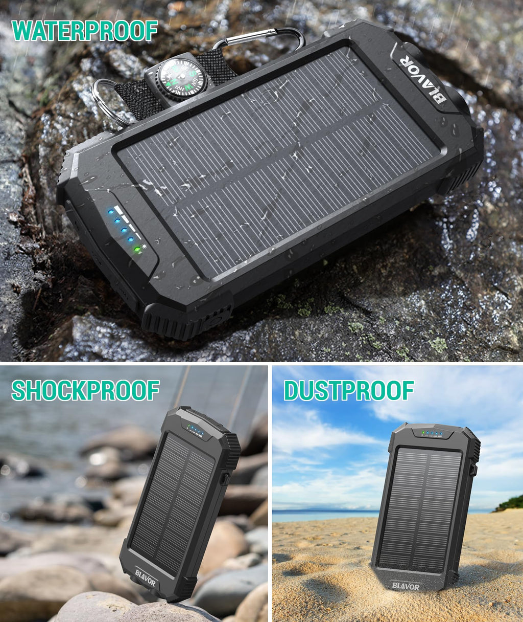 BLAVOR 2 Pack Solar Charger Power Bank 10,000mAh, Portable Wireless Charger, 20W Fast Charging External Battery Pack with USB C for Cell Phones