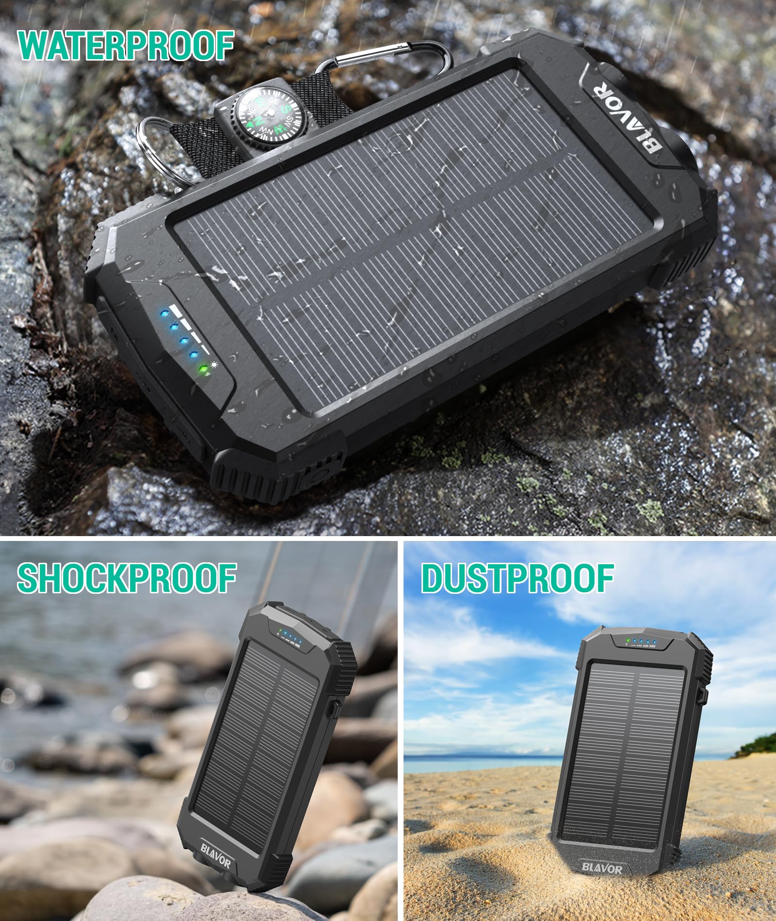 BLAVOR 2 Pack Solar Charger Power Bank 10,000mAh, Portable Wireless Charger, 20W Fast Charging External Battery Pack with USB C for Cell Phones