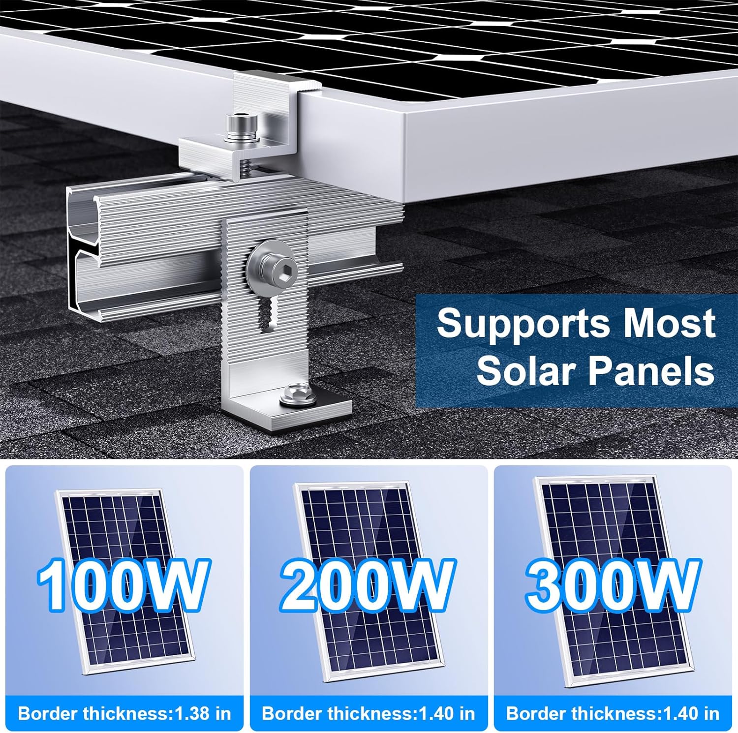 Solar Panel Mounting Bracket Kit, 10Pcs Upgraded Longer Stronger 6 inch Rails Solar Panel Mount for 1-4pcs Thickness 1.4” Solar Panels, w/ Water Drain Clips for Shingle,Slate,Metal and Tin roof