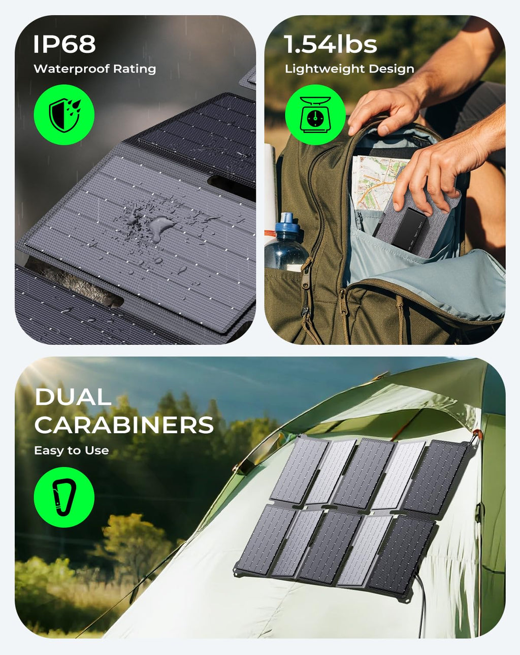 BigBlue Portable 35W Solar Panel Charger with Fast Charging USB-A and PD 25W USB-C for Camping Backpacking, 1.54 lbs, IP68 Waterproof, Folding Solar Phone Charger for iPhone/Android, iPad, Power Bank