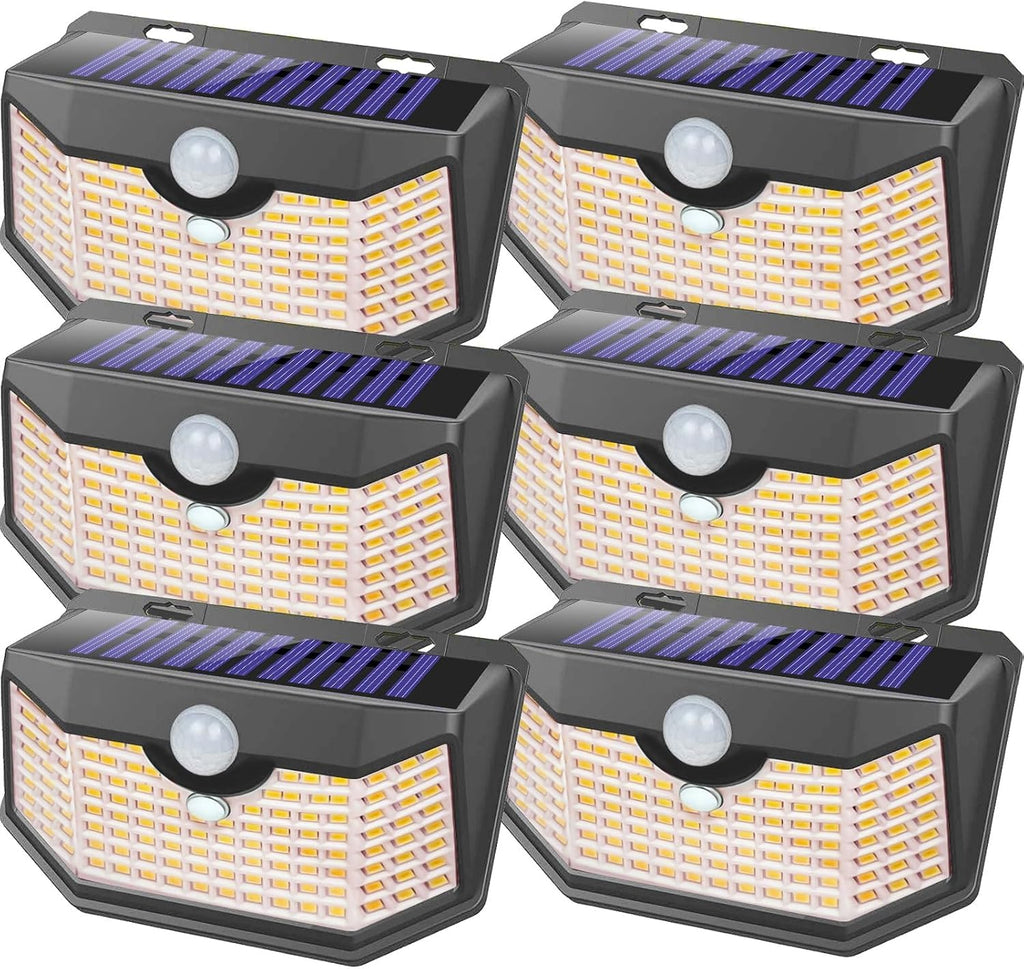 HMCITY Solar Lights Outdoor 120 LED with 3 Lighting Modes, Motion Sensor Wall Lights,IP65 Waterproof Solar Powered for Garden Patio Yard (Back Button 2Packs, Black Shell-Daylight White)