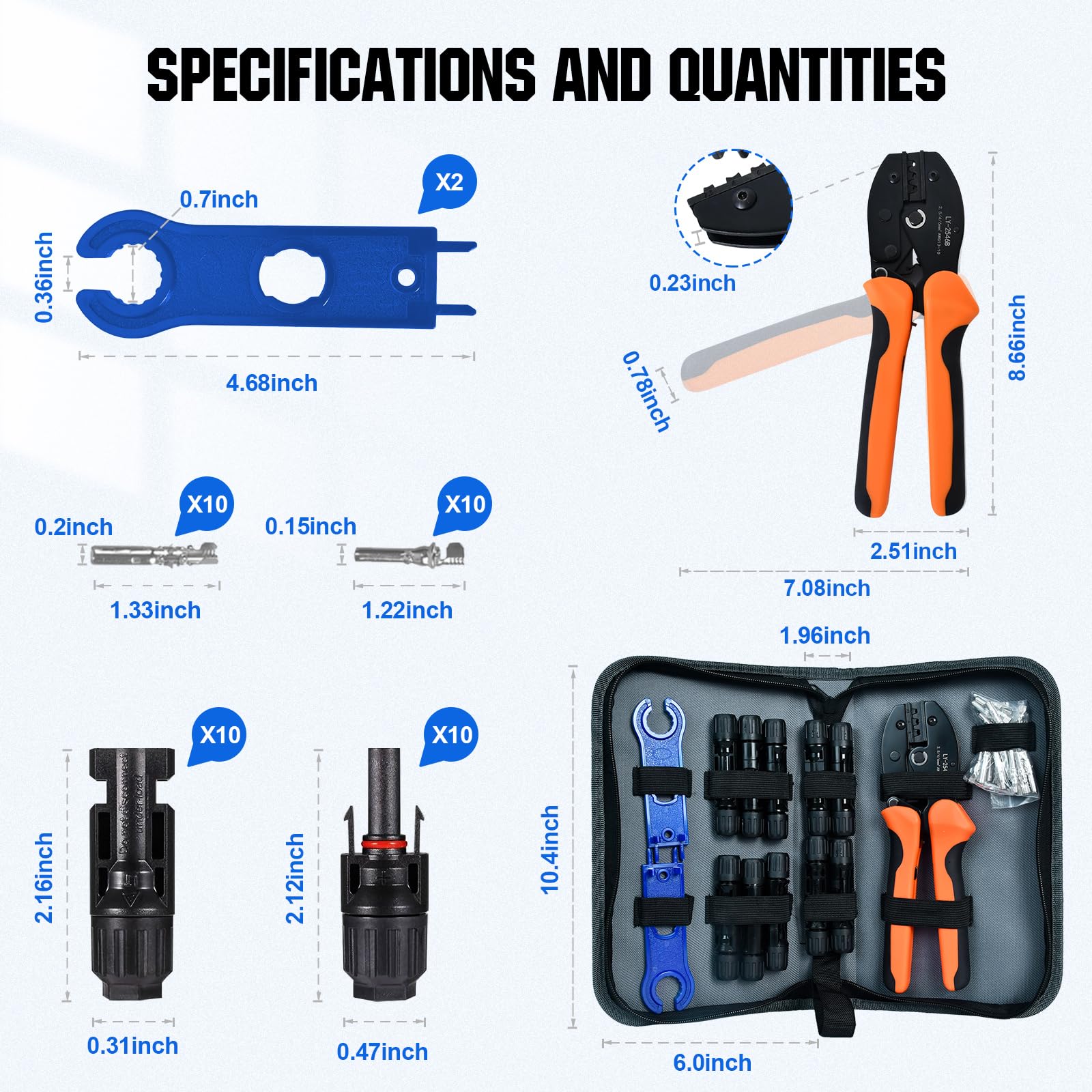 ECO-WORTHY Solar Crimper Tool Kit 13 PCS Solar Tools - a Crimper, 10 Pairs of Solar Connectors, 2 Pairs of Solar Connector Spanner Wrench for Solar Panel Cable Assembly and Installation