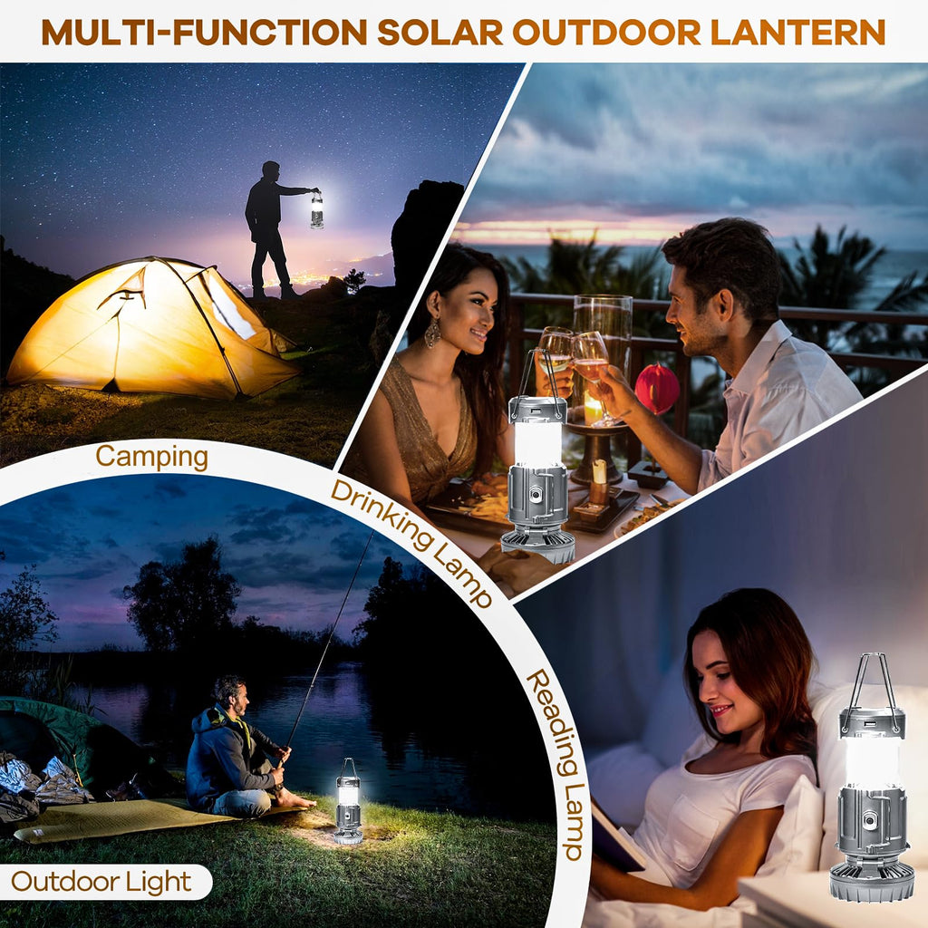 SZJIEIFR Solar Camping Lantern with Fan & Phone Charger, Portable Rechargeable Power for Hurricanes, Emergency, Power Outage and Camping Gear, Silver