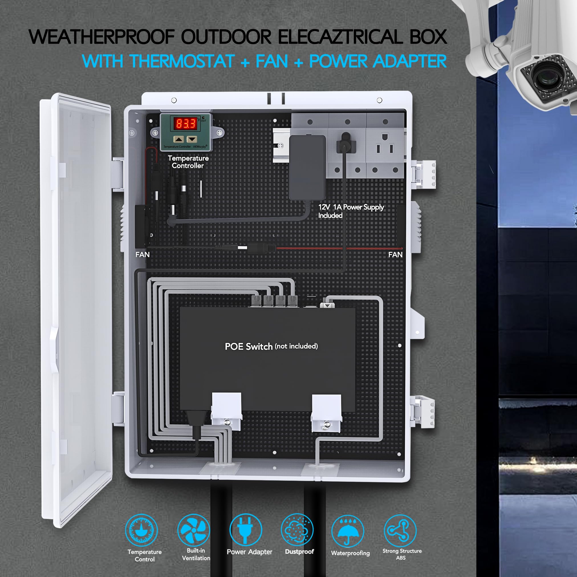 Akwscyby Outdoor Electrical Box, Waterproof Electrical Junction Box IP65 ABS Plastic Enclosure with Fan & Thermostat, Mounting Plate and Hinged Lid (18.1" Hx 12.5" L x 6.3" W)