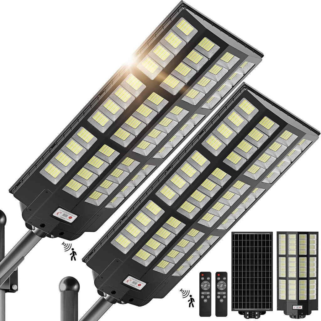 WYWNA 15000W Solar Street Lights Outdoor - Wide Angle Solar Lights Outdoor Motion Sensor, Commercial Parking Lot Light Dusk to Dawn, 7000K LED Street Light Heavy Duty IP66 Waterproof 2-Pack