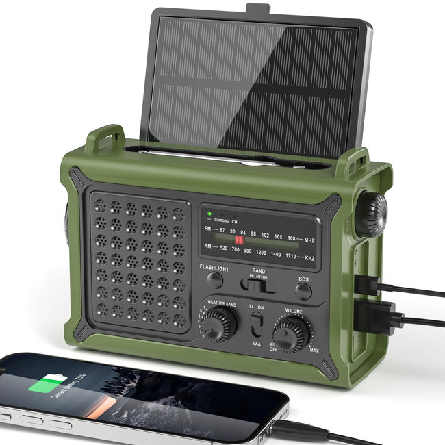 Solar Radio Emergency Hand Crank 12000mAh with Clear Signal, AM FM NOAA Weather Radio Battery Operated with 2-Mode LED Flashlight Cell Phone Charger Dual Outputs SOS Hover Image