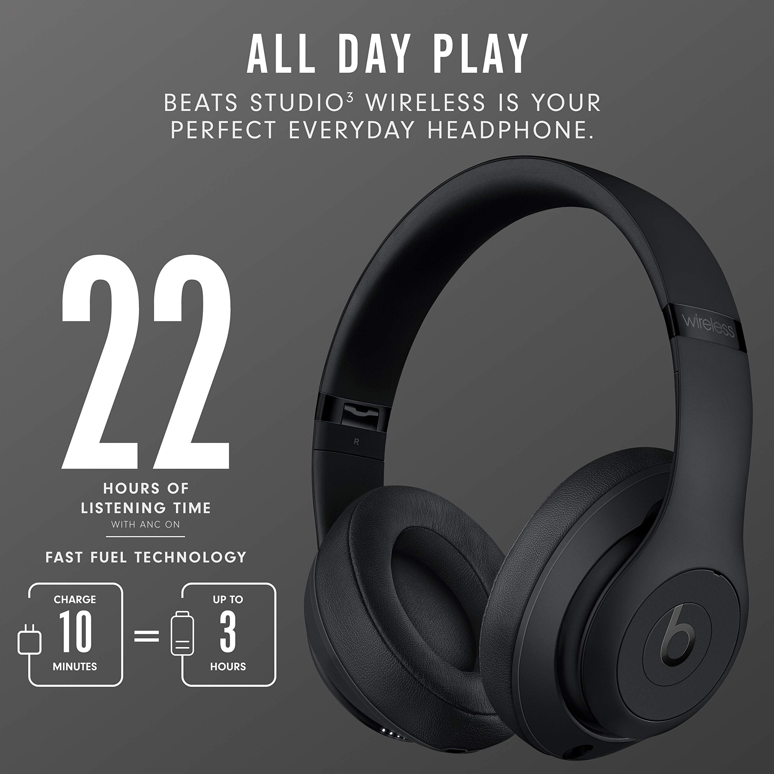 Beats Studio3 Wireless Noise Cancelling Over-Ear Headphones - Matte Black (Renewed)