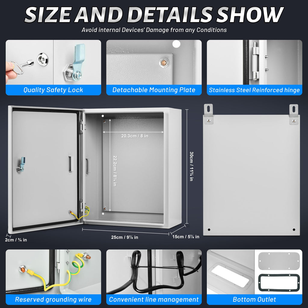 AUFUNIU Steel Electrical Junction Box, 12 x 10 x 6 Waterproof & Dustproof Electrical Enclosure, Outdoor & Indoor Universal Project Box with Lock & Mounting Plate