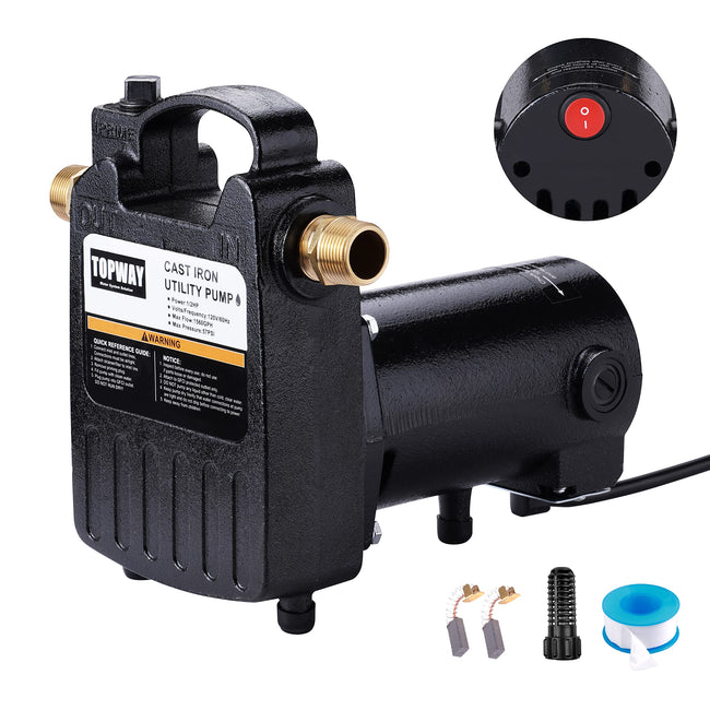 TOPWAY 1/2HP 1560GPH Portable Cast Iron High Pressure Utility Transfer Water Pump with Built-in On/Off Switch,Hose connectors & Suction Strainer. Hover Image
