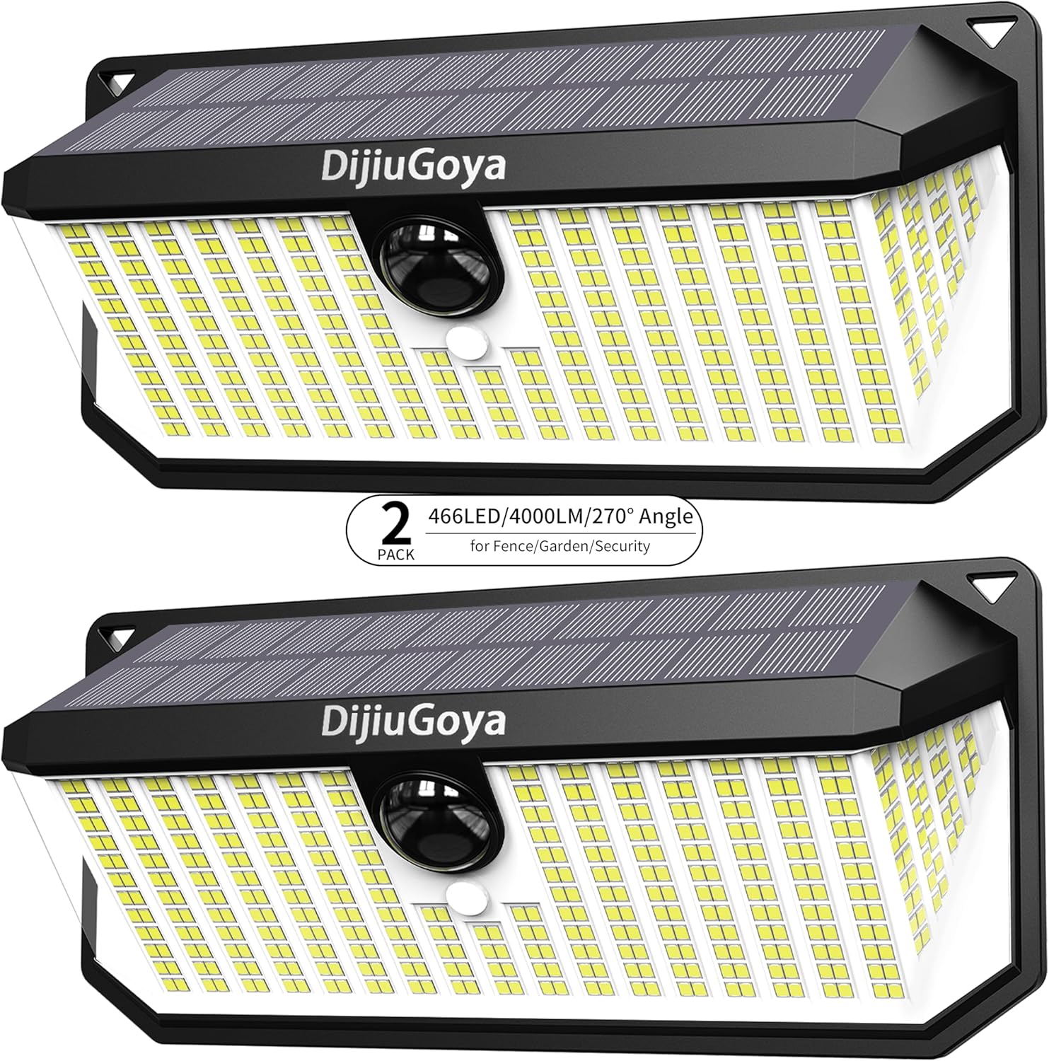 Solar Security Lights Outdoor, 466 LED 4000Lm Ultra Bright, 270° Wide Motion Sensor, IP68 Waterproof, 3 Modes Dusk-to-Dawn Solar Flood Light for Driveway Fence Garden Garage, 2-Pack