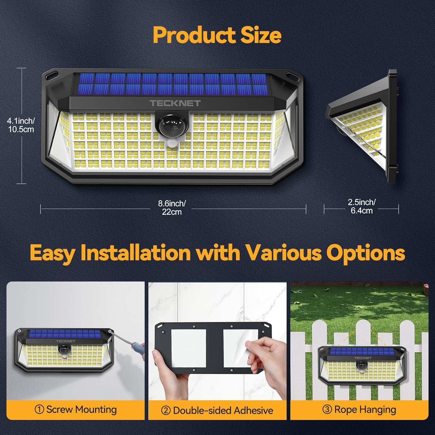 TECKNET 416 LED Solar Lights Outdoor Waterproof, 4200lm 300° Angle & 3 Lighting Modes Motion Sensor Outdoor Lights,2 Pack Solar Powered Flood Wall Lights for Home Patio Fence Yard Deck Garage Street