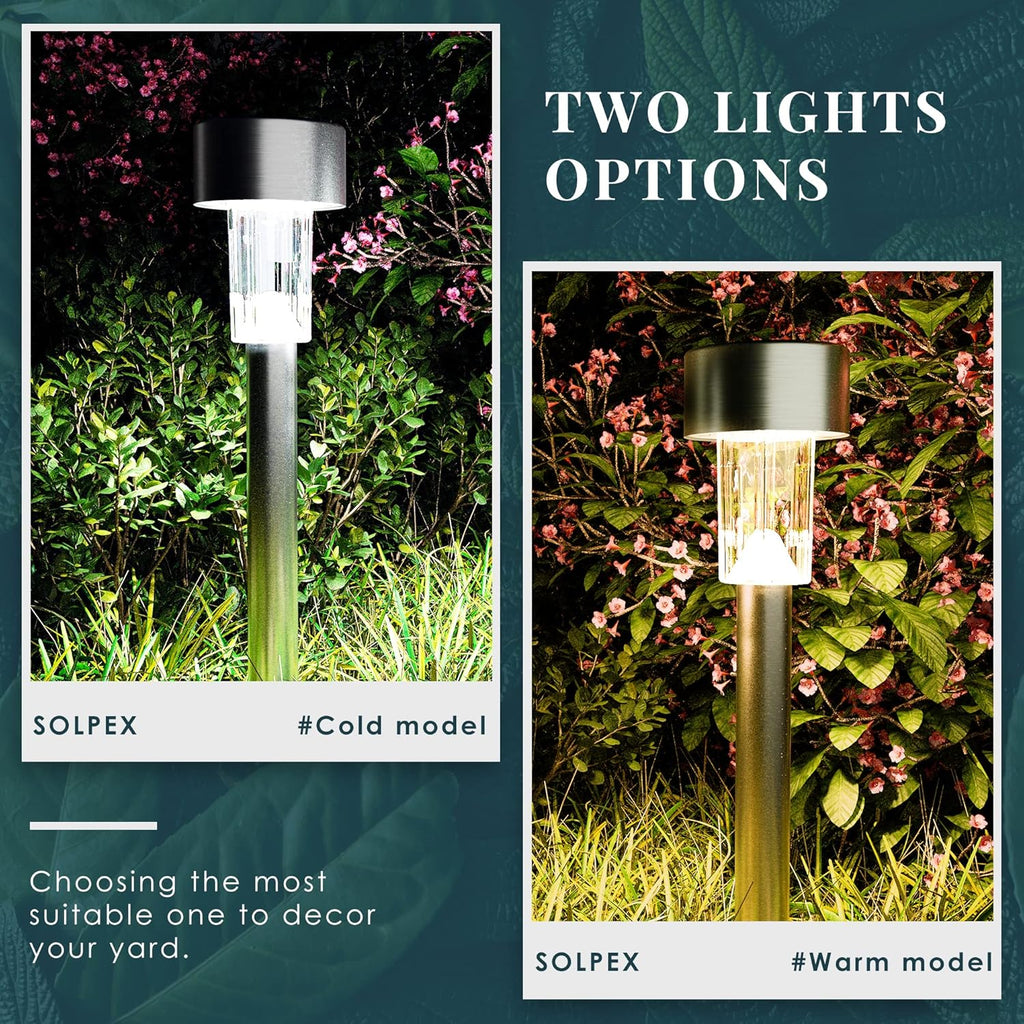 SOLPEX 16 Pack Solar Outdoor Lights Pathway, Stainless Steel Solar Lights Outdoor Waterproof,LED Landscape Lighting Walkway for Landscape/Patio/Lawn/Yard/Driveway-Cold White