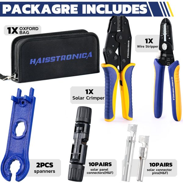 haisstronica 15PCS Solar Crimping Tool Kit, 10 Pairs MC4 Connectors AWG14-10(2.5/4/6mm²) with Stripper and Spanners for Solar Panel PV Cable Installation - Image 5