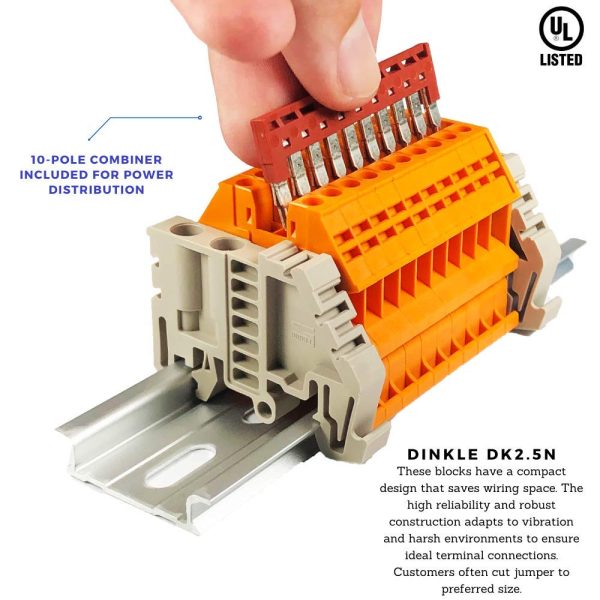 ICI Dinkle Power Distribution DK2.5N-OR 10 Gang Box Connector DIN Rail Terminal Blocks, 12-22 AWG, 20 Amp, 600 Volt Solar Combiner Orange - Image 9
