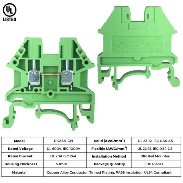 ICI Dinkle Power Distribution DK2.5N-GN 10 Gang Box Connector DIN Rail Terminal Blocks, 12-22 AWG, 20 Amp, 600 Volt Solar Combiner Green - Image 6