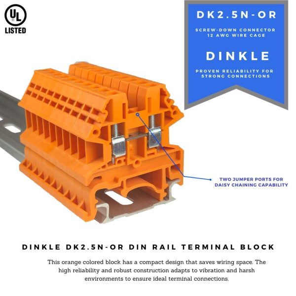 ICI Dinkle Power Distribution DK2.5N-OR 10 Gang Box Connector DIN Rail Terminal Blocks, 12-22 AWG, 20 Amp, 600 Volt Solar Combiner Orange - Image 5