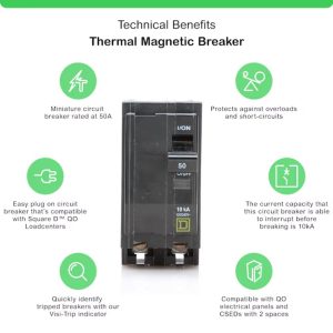 FalconSupply Genuine Square D QO250 Circuit Breaker Kit, 50 Amp (50A) Double Pole (2 Pole), 120/240V AC, 10kAIC, Plug-in Mount for QO Load Centers & Panels, Visi-Trip Indicator, New Replacement