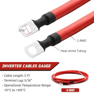 2 AWG Battery Cable 2AWG Gauge Pure Copper Battery Inverter Cables with 5/16 in Lugs Both Ends Power Inverter Wire Set for Automotive Solar Marine Boat RV Car Motorcycle Red and Black (5FT)
