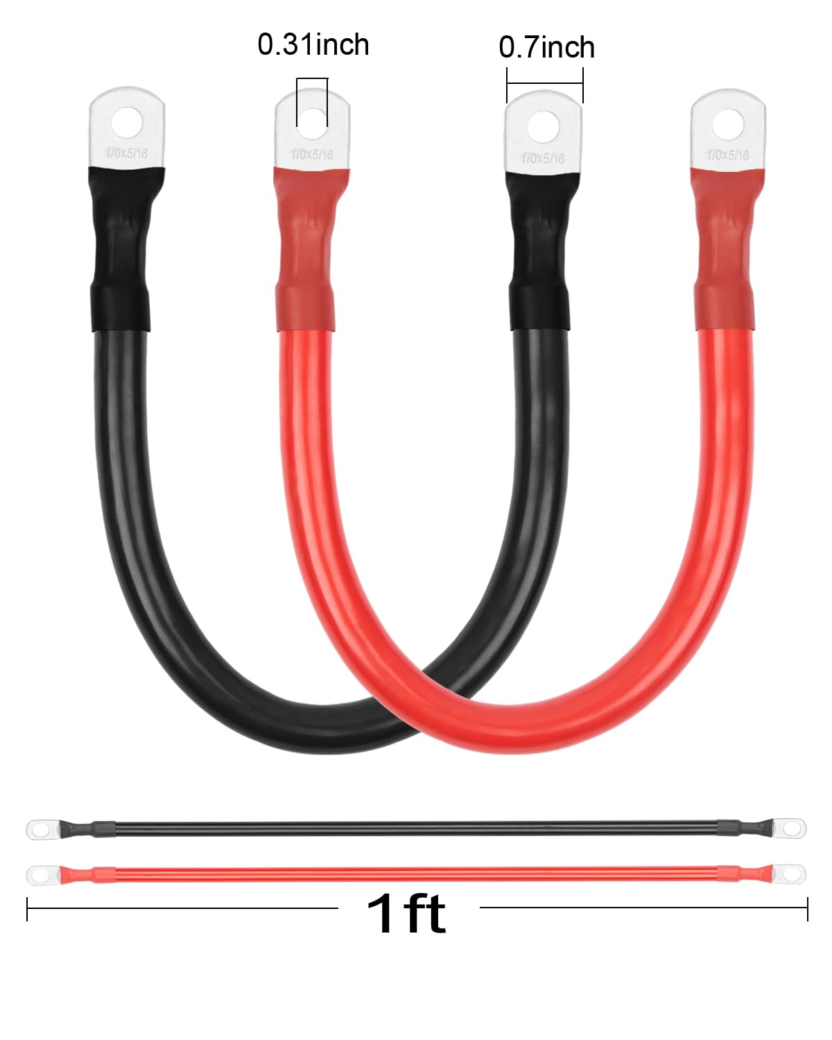 BESTEK 1/0 AWG Gauge Red and Black Battery Cables 5/16" in Lugs, 12 inch Pure Copper Power Inverter Cables for Solar, RV, Car, Boat, (Positive and Negetive) - Image 6