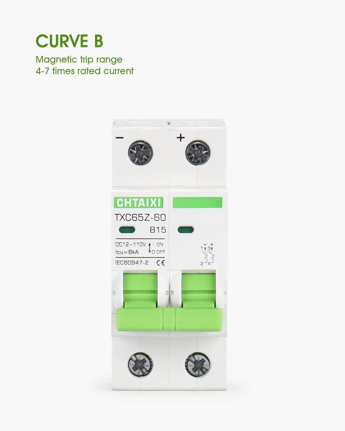 12V-110V DC Miniature Circuit Breaker, 15 Amp 2 Pole Battery Breaker Protector for Solar PV System and RV, Thermal Magnetic Trip, DIN Rail Mount, Chtaixi DC Disconnect Switch B15 - Image 6